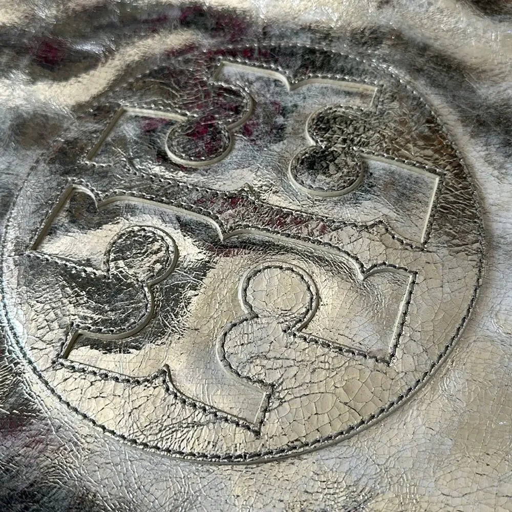 Tory Burch Metallic Silver logo T  tote Shoulder Bag.
